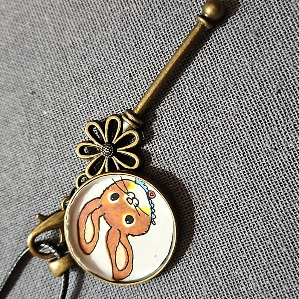 1970s Bunny decoupage necklace w flower key charm Richard Scarry brass ooak